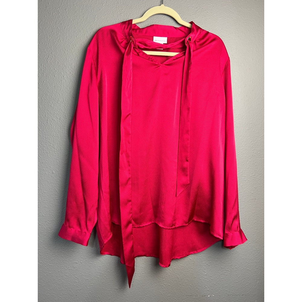 Liz Claiborne Womens XL Pink Textured Tie Neck Blouse Long‎ Sleeve Grommet Top